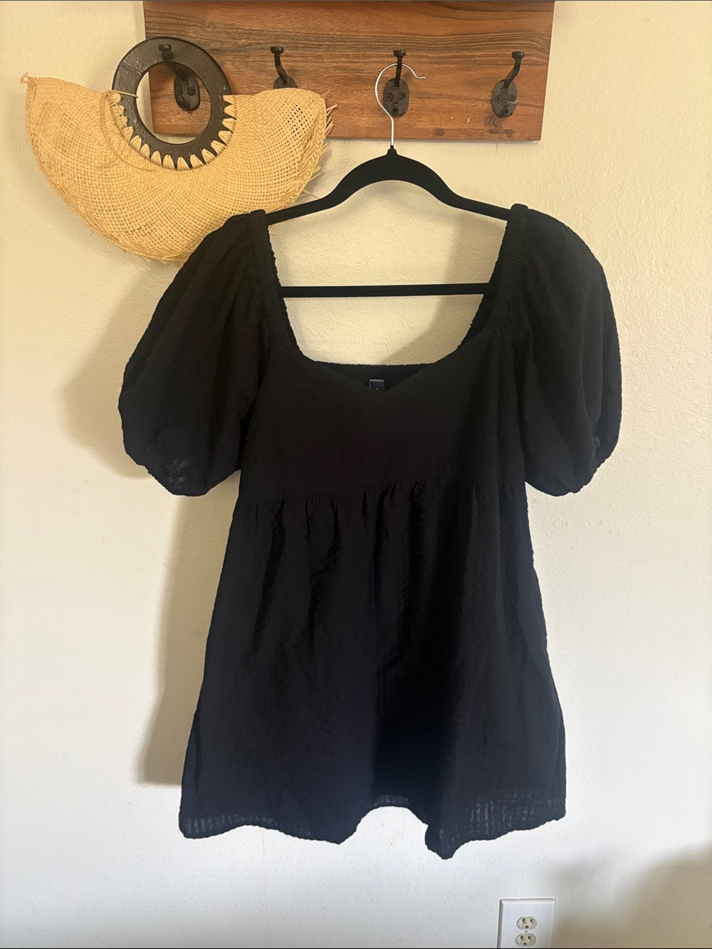 Old Navy Black Smocked Neck Babydoll Top
